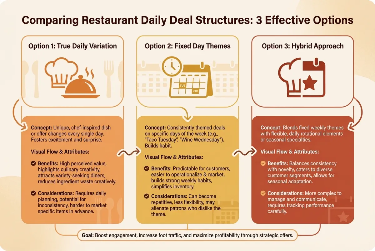 Restaurant deal of the day structures diagram showing three options for daily promotions