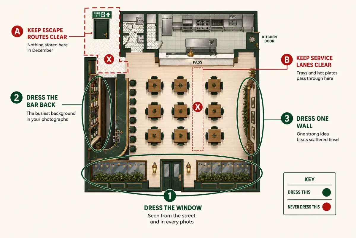 Floor plan marking three Christmas decoration points and the exit routes to keep clear