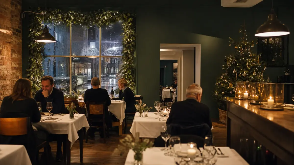 Small British restaurant at Christmas with greenery at the window and a lit tree by the bar