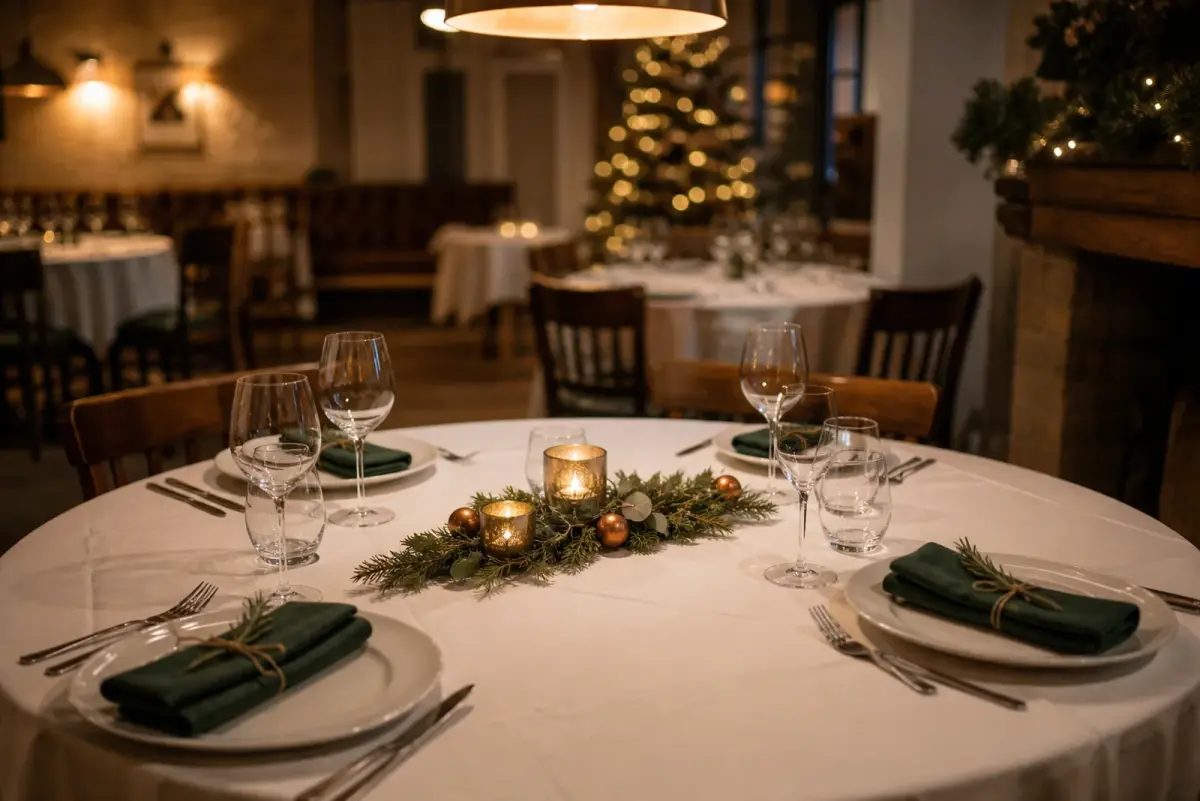 Restaurant table laid for Christmas with a low fir runner, brass candles and green napkins