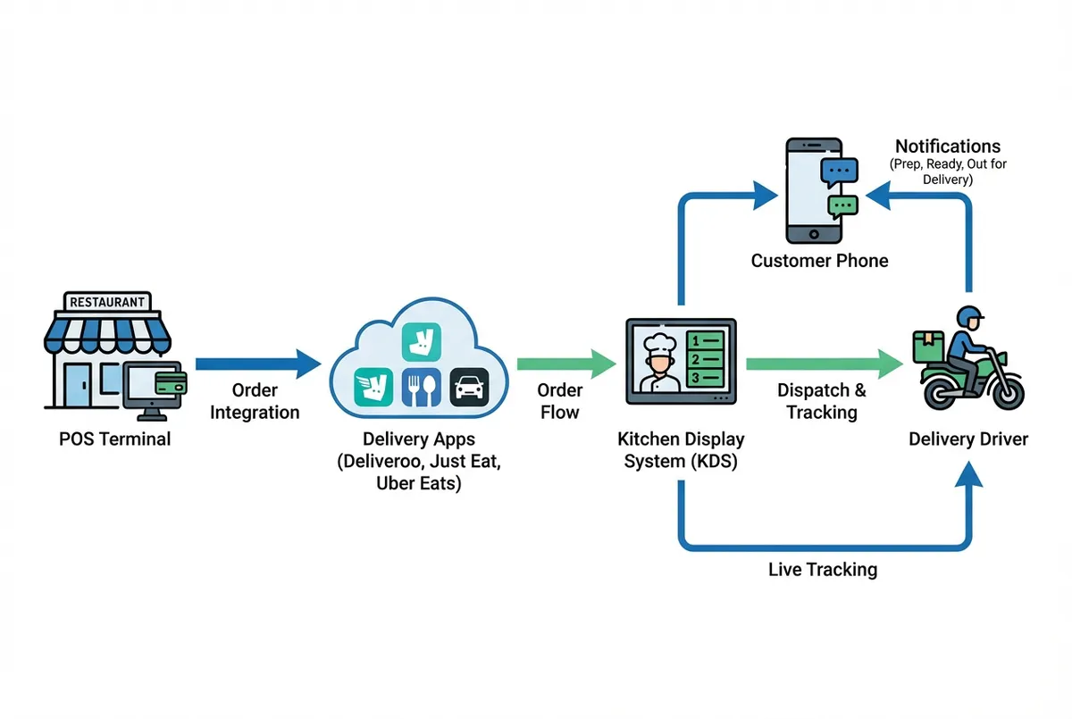 Diagram showing how restaurant delivery system connects POS, kitchen display, and delivery platforms