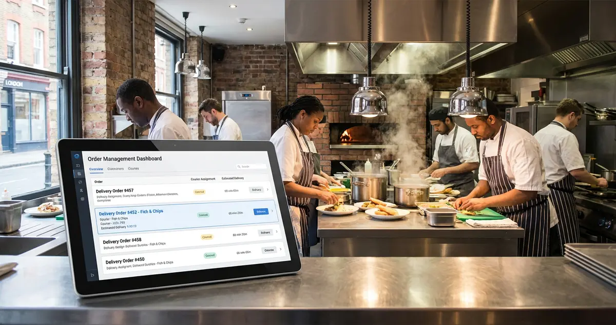 Restaurant delivery system tablet showing order management dashboard in a busy UK kitchen
