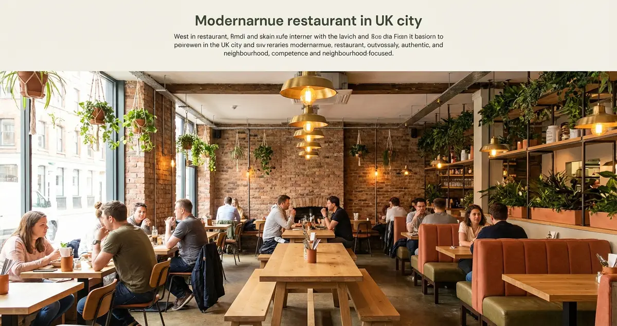 UK restaurant interior featuring 2025-2026 design trends: biophilic plants, reclaimed wood tables, warm earth-tone walls, and layered pendant lighting