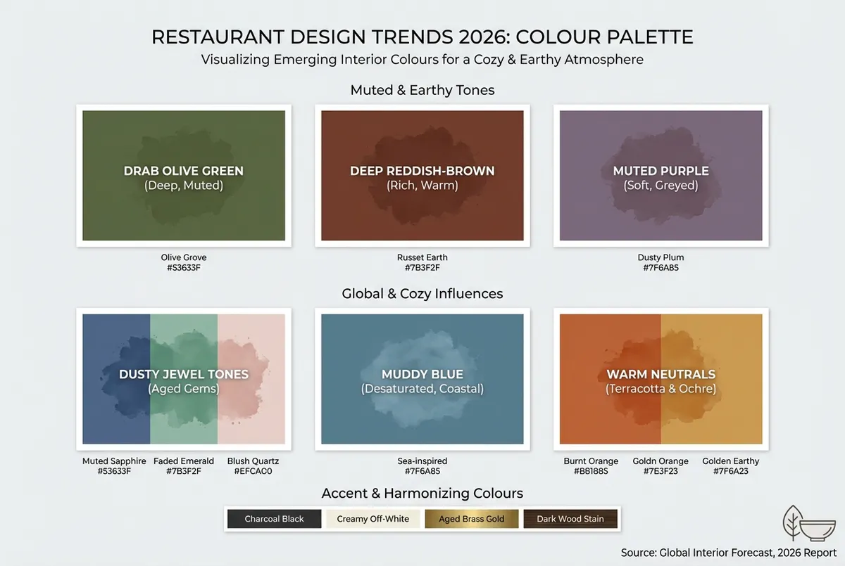 2026 restaurant design colour palette showing earth tones, warm neutrals, and natural material combinations