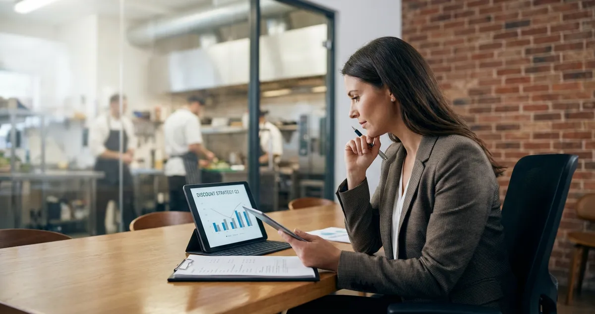 Restaurant manager reviewing discount strategy on tablet