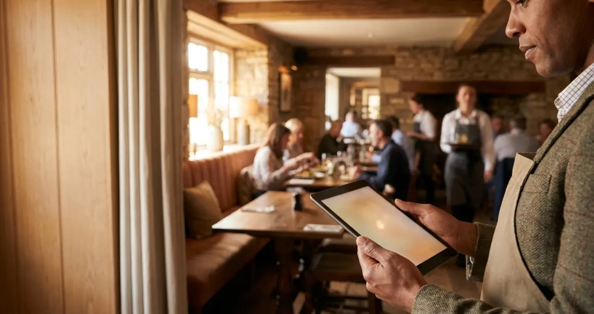 Restaurant owner reviewing table dwell time data on a tablet in a busy dining room