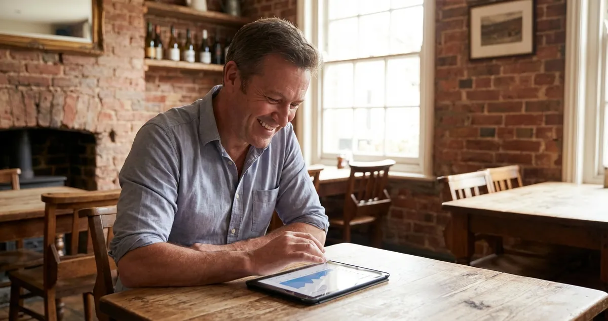 Restaurant owner reviewing email marketing on tablet in busy UK restaurant