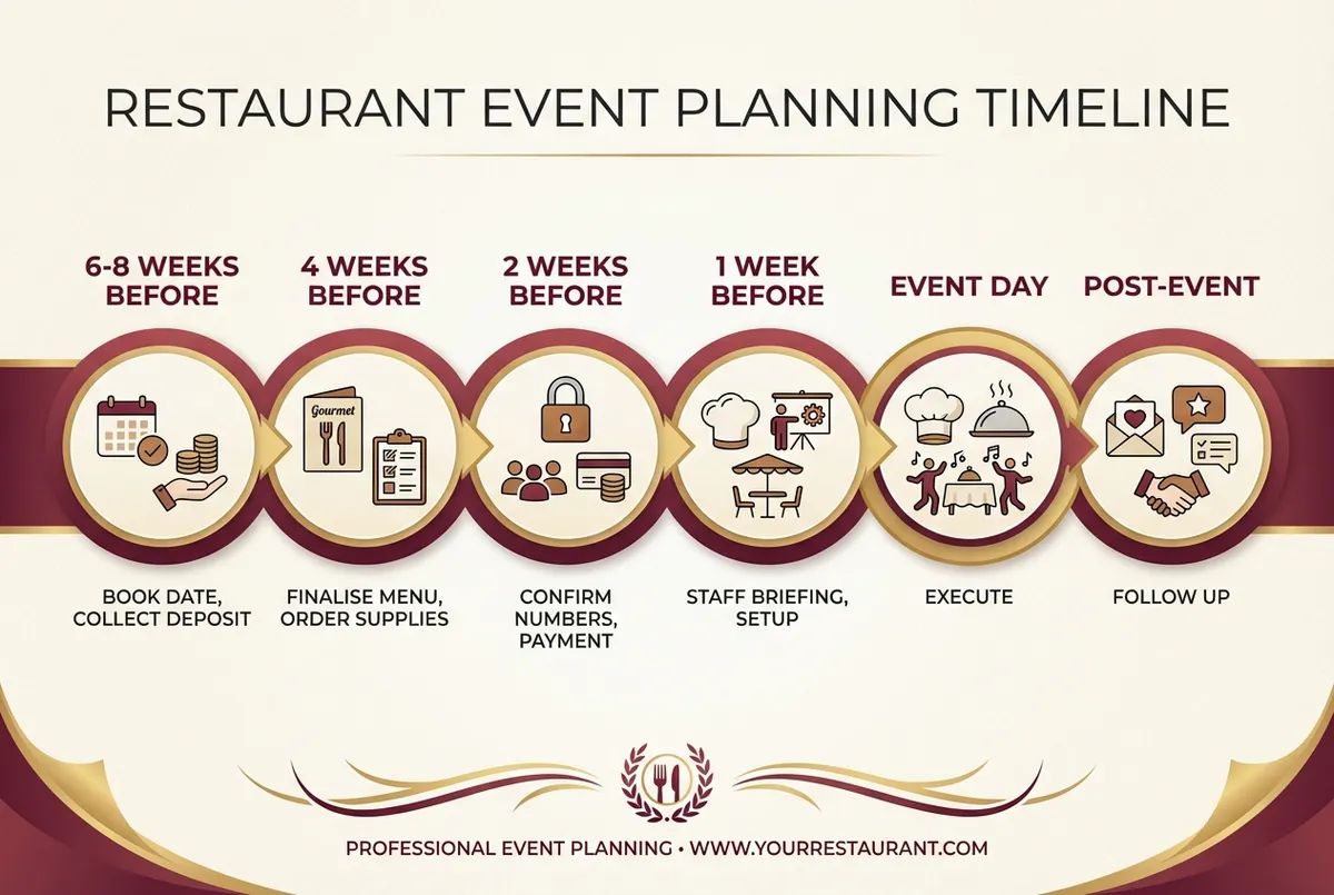 Restaurant event planning timeline diagram showing tasks from 6 weeks out to post-event follow-up