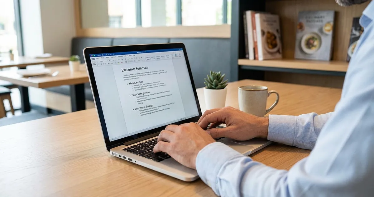 Restaurant owner writing executive summary on laptop