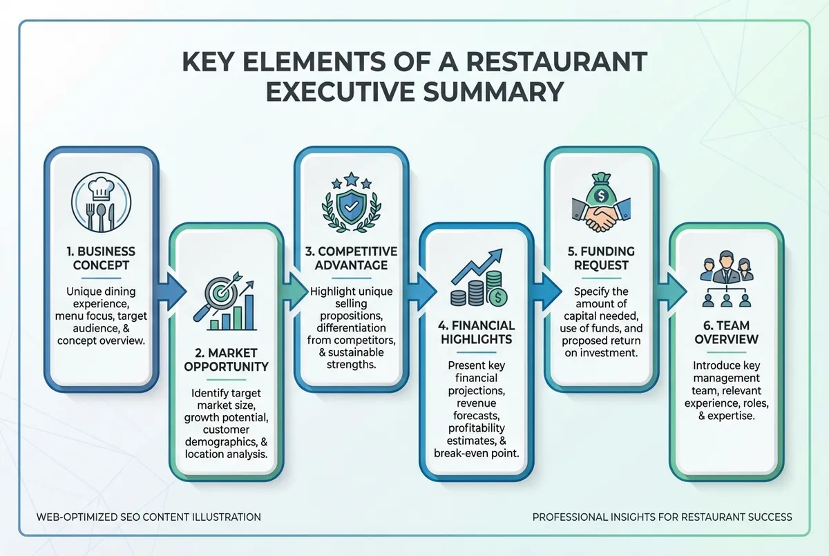 Diagram showing the 6 elements of a restaurant executive summary