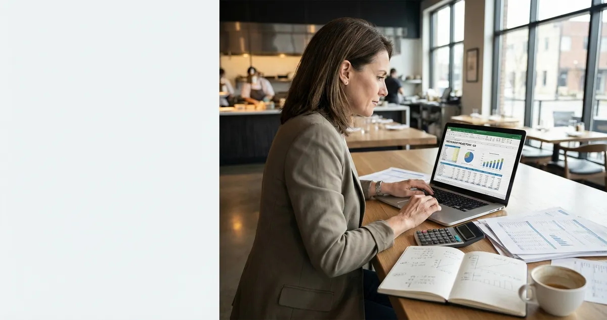 Restaurant owner working on financial projections with spreadsheet and calculator
