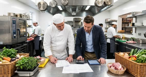 Restaurant owner reviewing food cost invoices and supplier bills at a desk