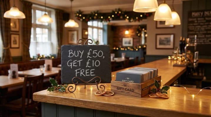UK restaurant gift cards displayed with seasonal discount promotion tags and bonus card offers