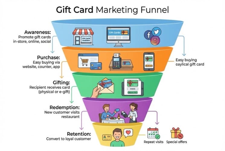 Diagram showing a 12-month restaurant gift card marketing calendar with peak seasons highlighted for Christmas, Valentines Day, Mothers Day, and Fathers Day