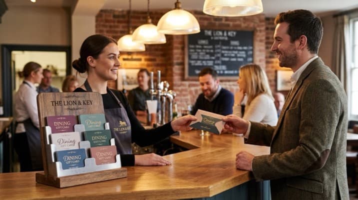 A restaurant owner displaying branded gift cards at the counter alongside a digital gift card on a tablet screen