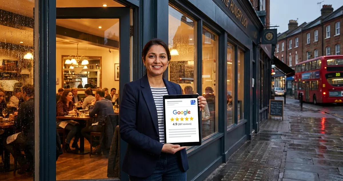 Restaurant owner checking Google reviews on tablet while standing in their busy dining room