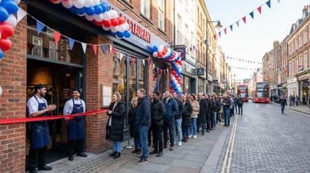 Busy UK restaurant grand opening event with guests and celebration atmosphere
