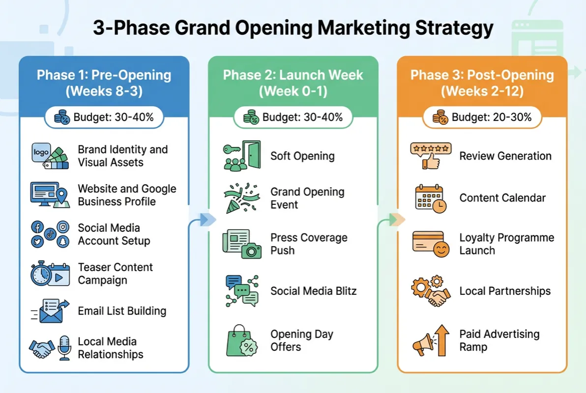 Diagram showing the 3-phase restaurant grand opening marketing strategy timeline with key activities across pre-opening, launch week, and post-opening phases