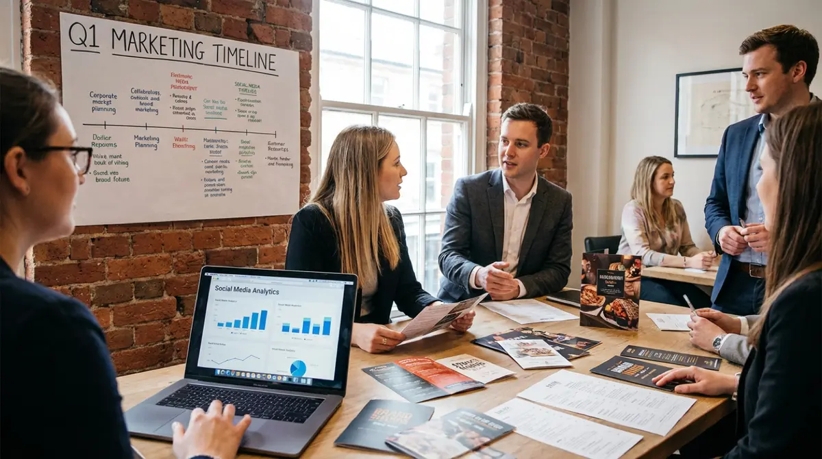 UK restaurant owner reviewing a marketing timeline and budget plan before grand opening