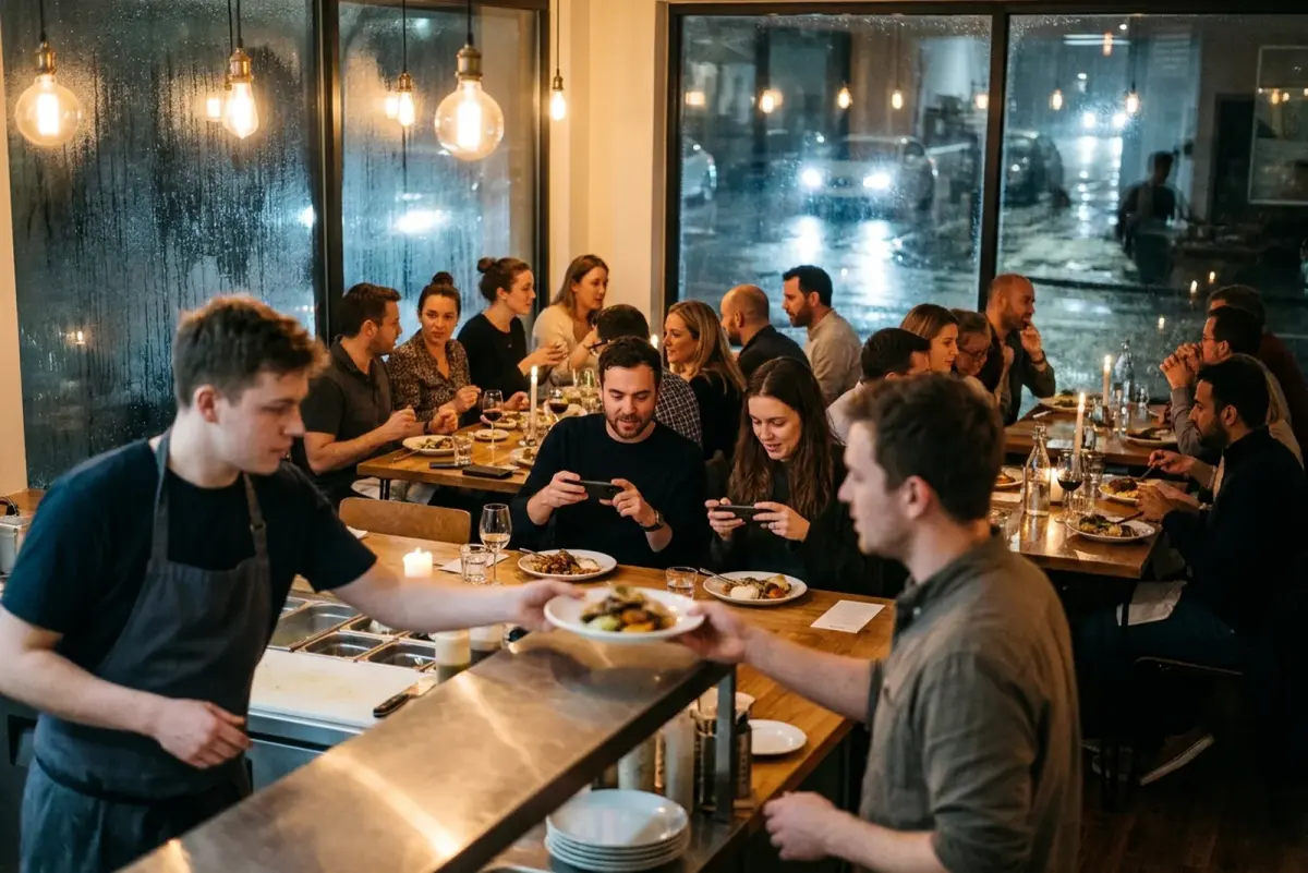 Guests eating during a soft opening service in a small British neighbourhood restaurant, a chef passing a plate to a server in the foreground