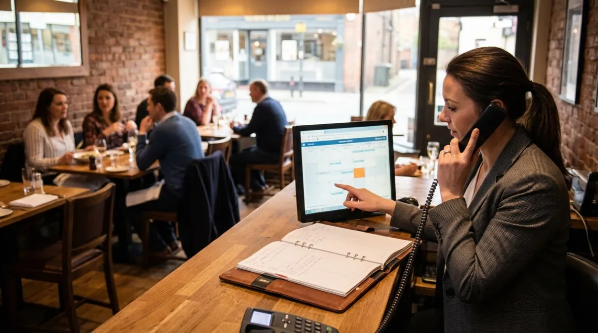 UK restaurant manager reviewing group booking reservations on a tablet at a set table