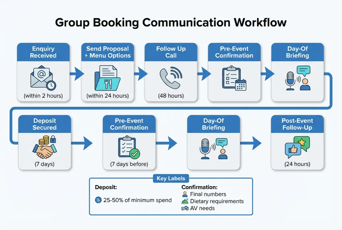 Four-stage communication workflow for restaurant group bookings