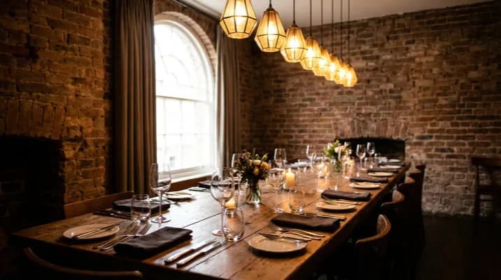 Restaurant owner reviewing group dining bookings on tablet in private dining room