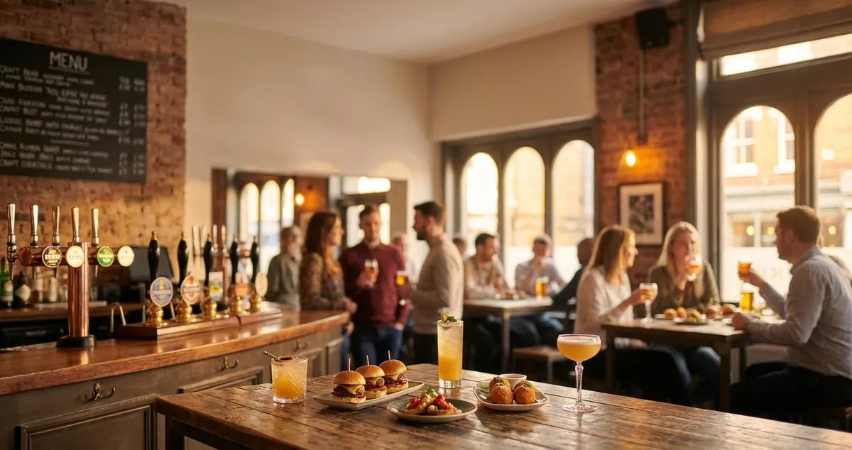 Busy restaurant bar during happy hour with customers enjoying drinks