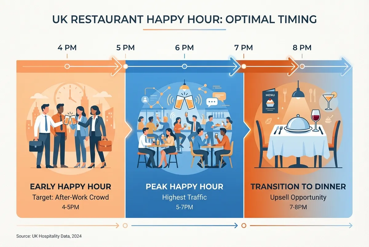Restaurant happy hour ideas timing strategy showing optimal windows for UK venues