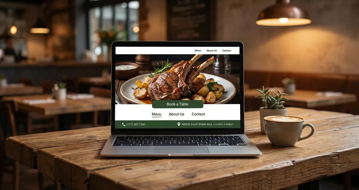 Restaurant homepage design showing menu, booking button, and contact details on a laptop screen