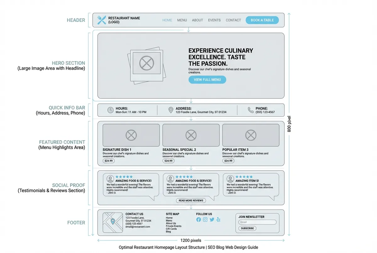 Diagram showing optimal restaurant homepage layout with hero image, booking button, and menu sections