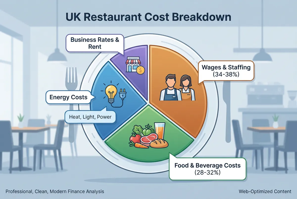 Diagram showing UK restaurant cost breakdown: wages 34-38%, food 28-32%, energy, rates, and other operating costs