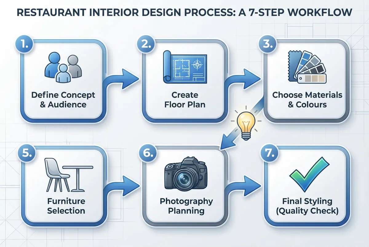 Seven-day workflow diagram for restaurant interior design showing concept definition, floor planning, materials selection, and lighting design phases