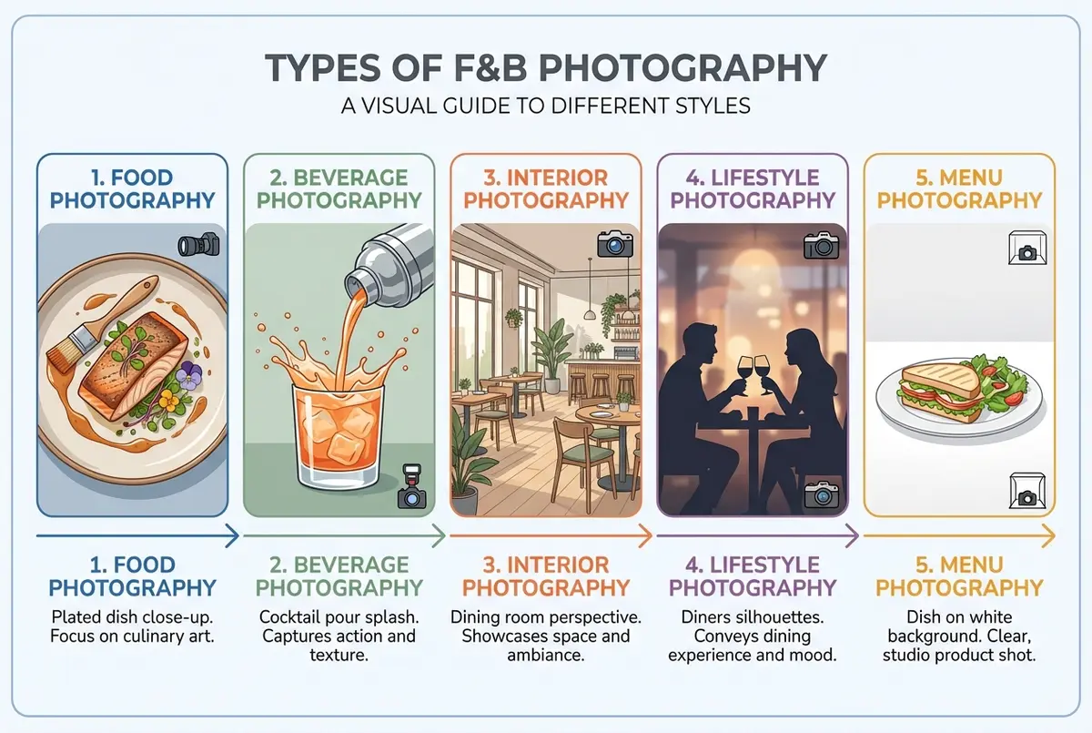 Food and beverage photography categories including food photography, beverage photography, interior photography, lifestyle photography, and menu photography with examples