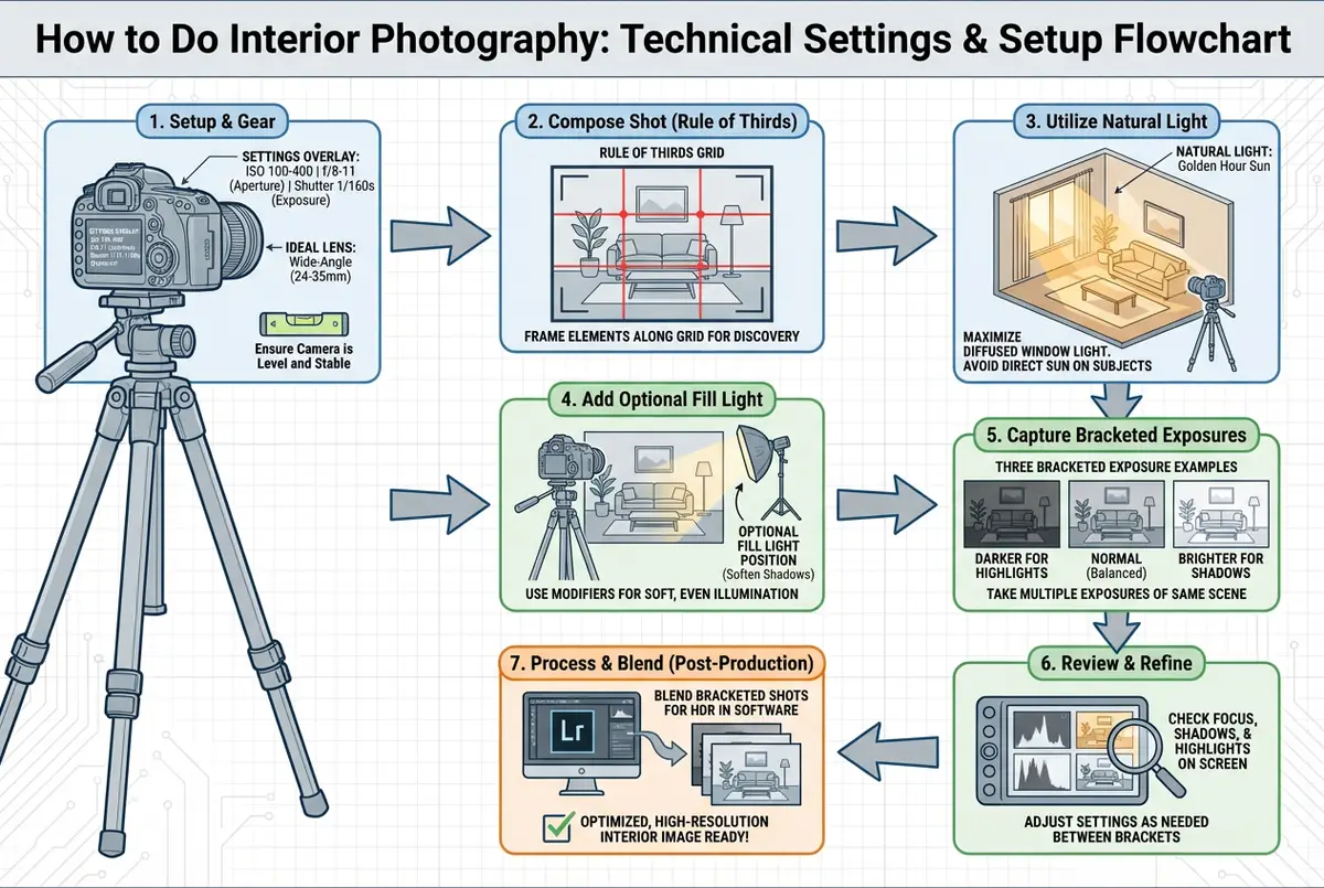 Restaurant interior photography setup showing tripod positioning, camera settings (ISO 100-400, f/8-f/11, 1/15-1/60s shutter), and shooting angles for optimal composition