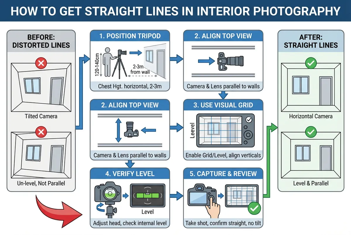 Camera positioning diagram showing proper height, distance from walls, and grid overlay alignment for straight vertical lines in restaurant interior photography