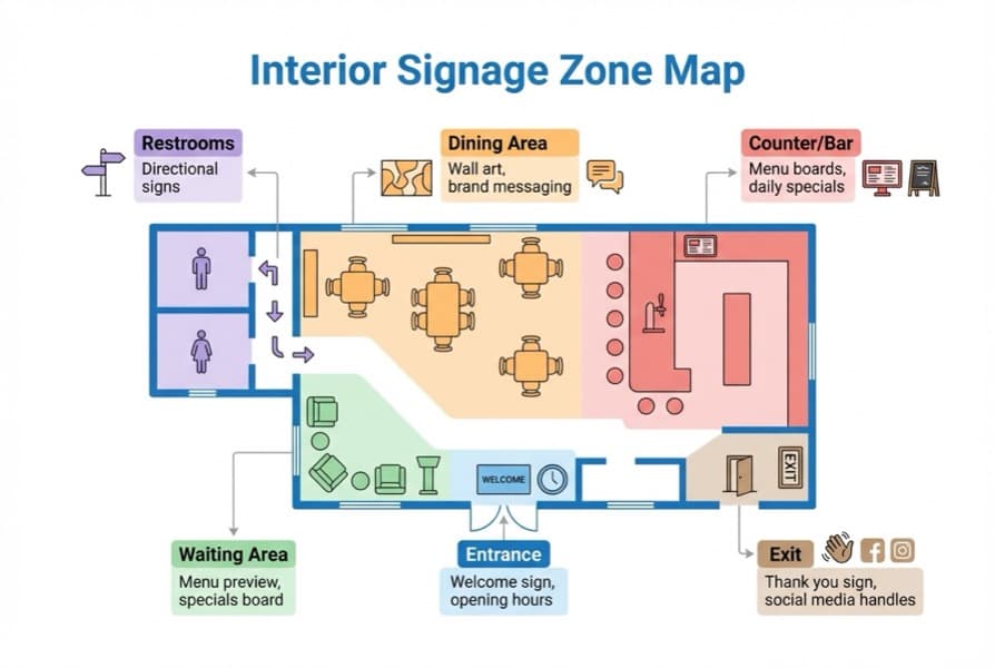 Restaurant interior signage comparison diagram of menu board types showing chalkboard, printed, digital and LED options with cost tiers