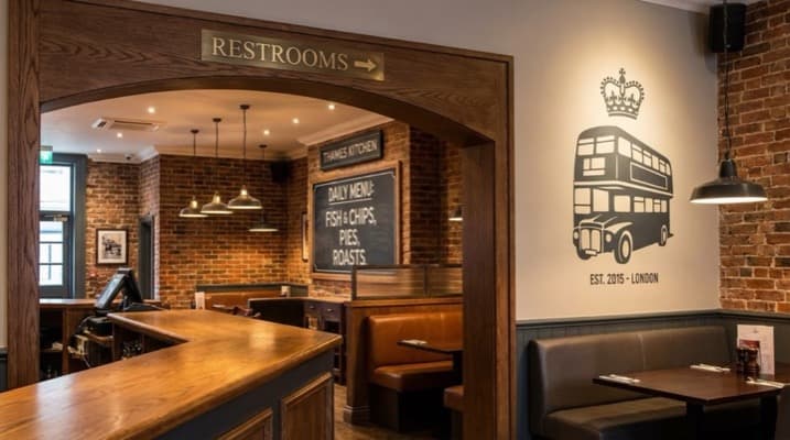 Restaurant interior with branded menu boards, directional wayfinding signs and promotional displays