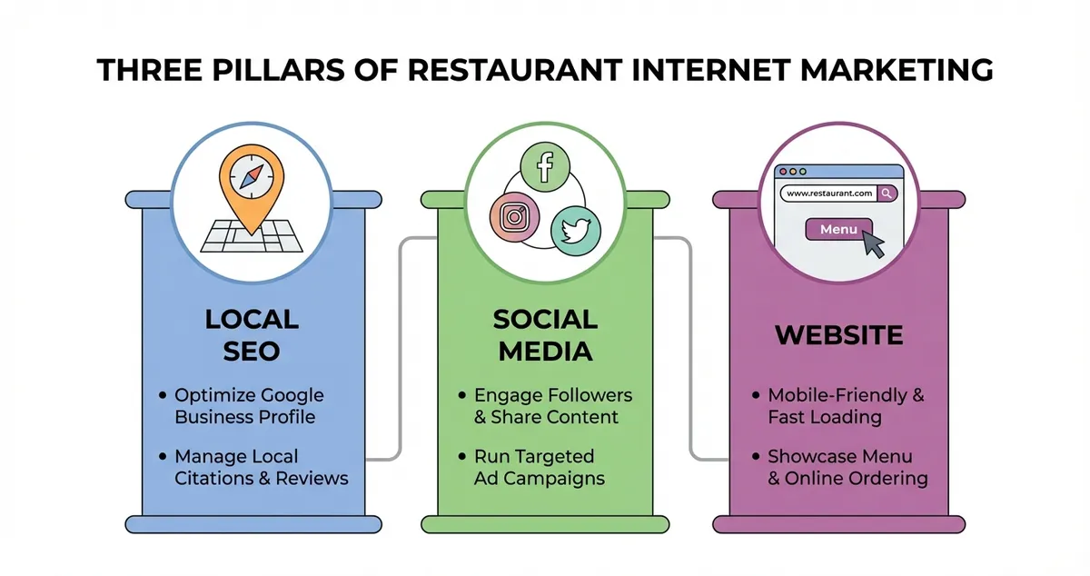 Three pillars of restaurant internet marketing: local SEO, social media, and website