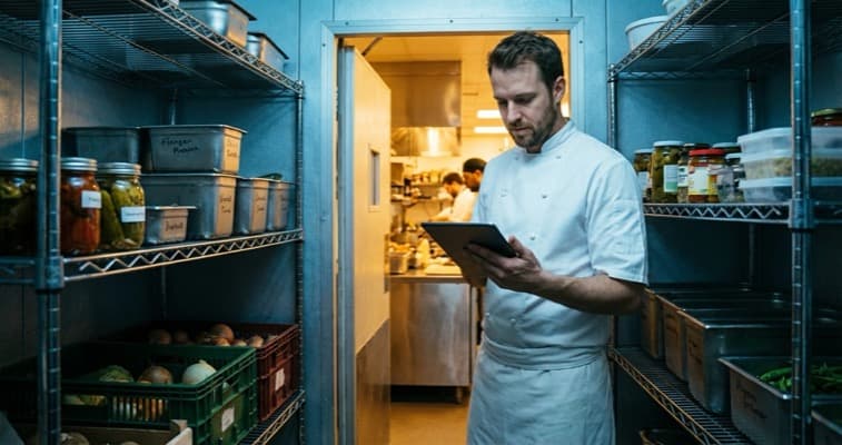 Restaurant owner using inventory management software on a tablet in their kitchen