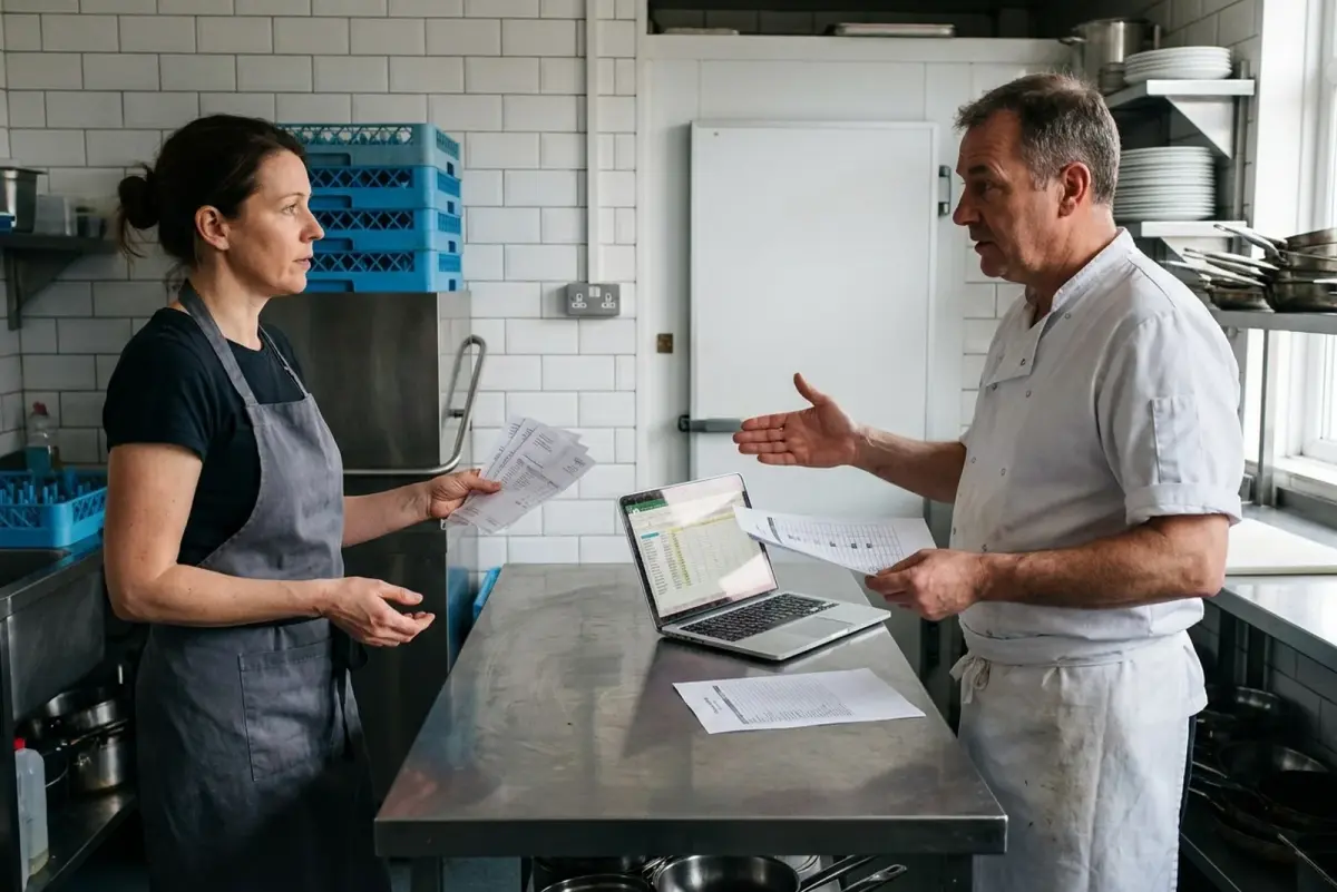 Restaurant owner and head chef comparing a laptop spreadsheet against supplier invoices and a rota printout at a stainless steel prep bench before the first delivery arrives