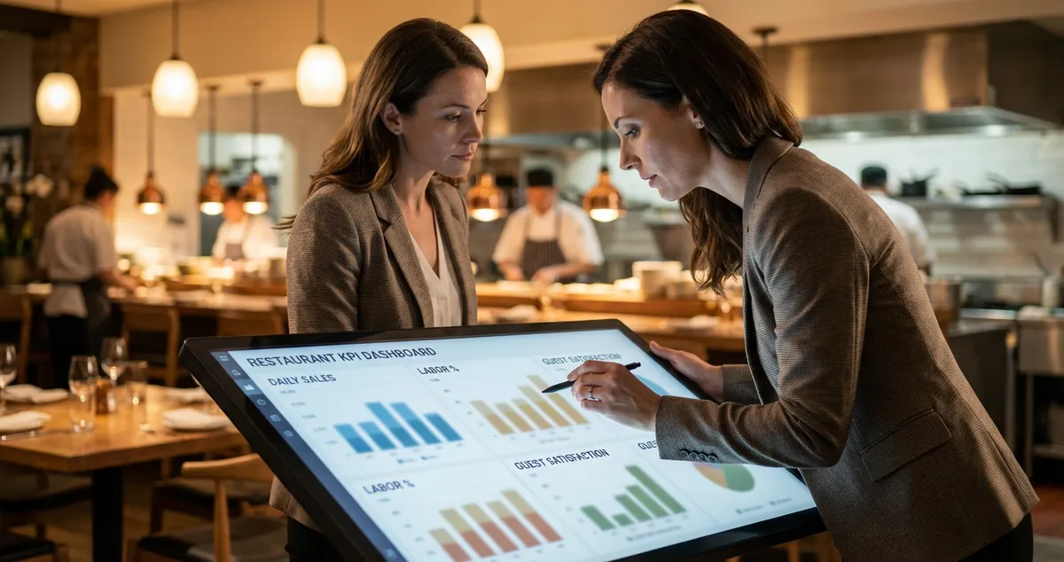 Restaurant manager analysing key performance indicators on a digital dashboard