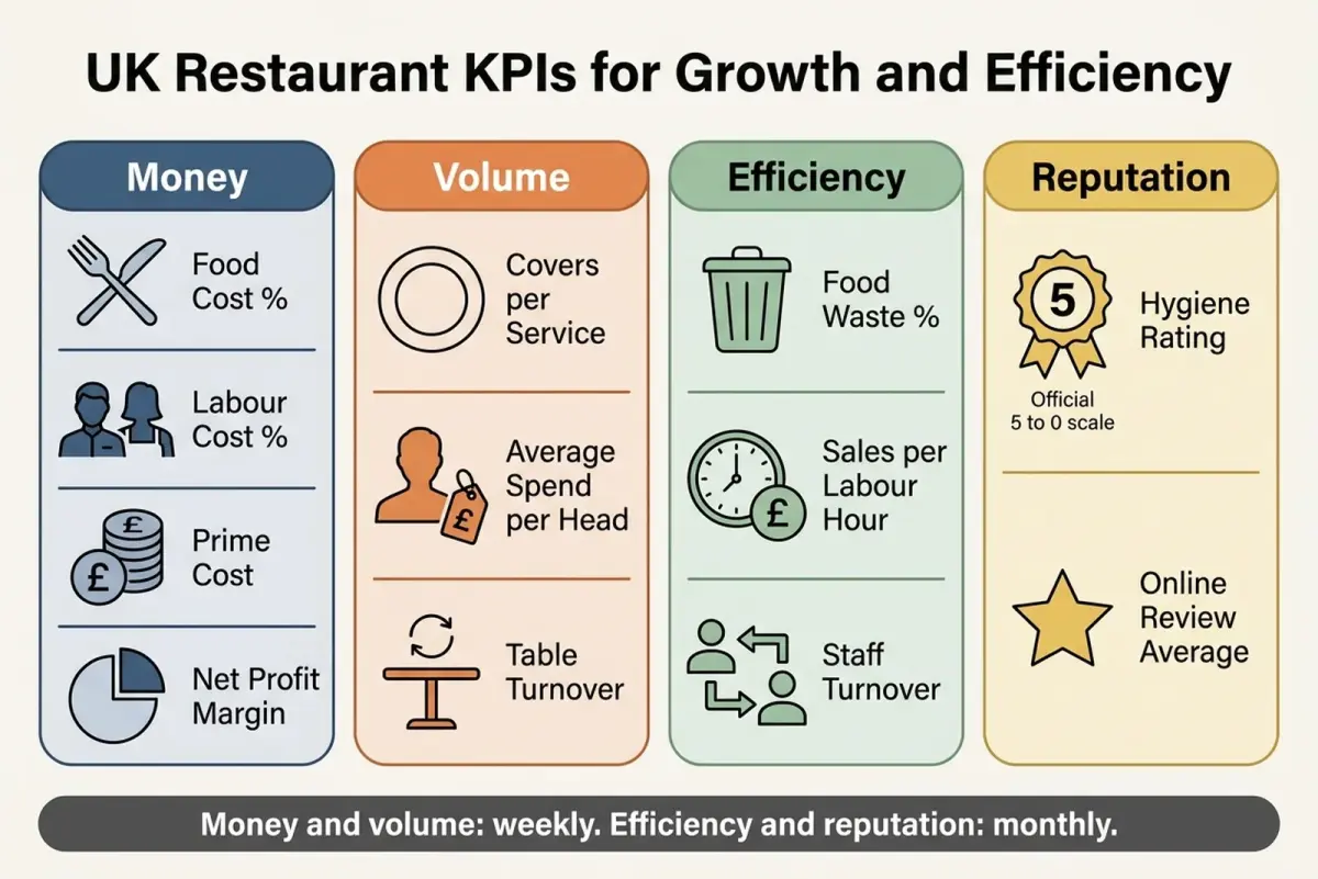 Diagram grouping twelve restaurant KPI examples, from food cost and labour to hygiene rating and online review average, into labelled stacks for money, volume, efficiency and reputation