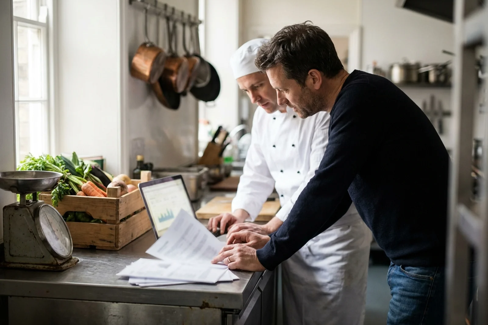 Chef and owner comparing supplier invoices against a laptop spreadsheet at a prep counter in a small UK restaurant kitchen