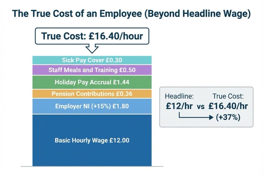Stacked bar chart showing hidden labour costs from basic wage to total true cost including NI, pension, and holiday pay