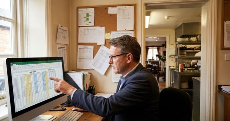 Restaurant manager reviewing staff rota and labour cost spreadsheet