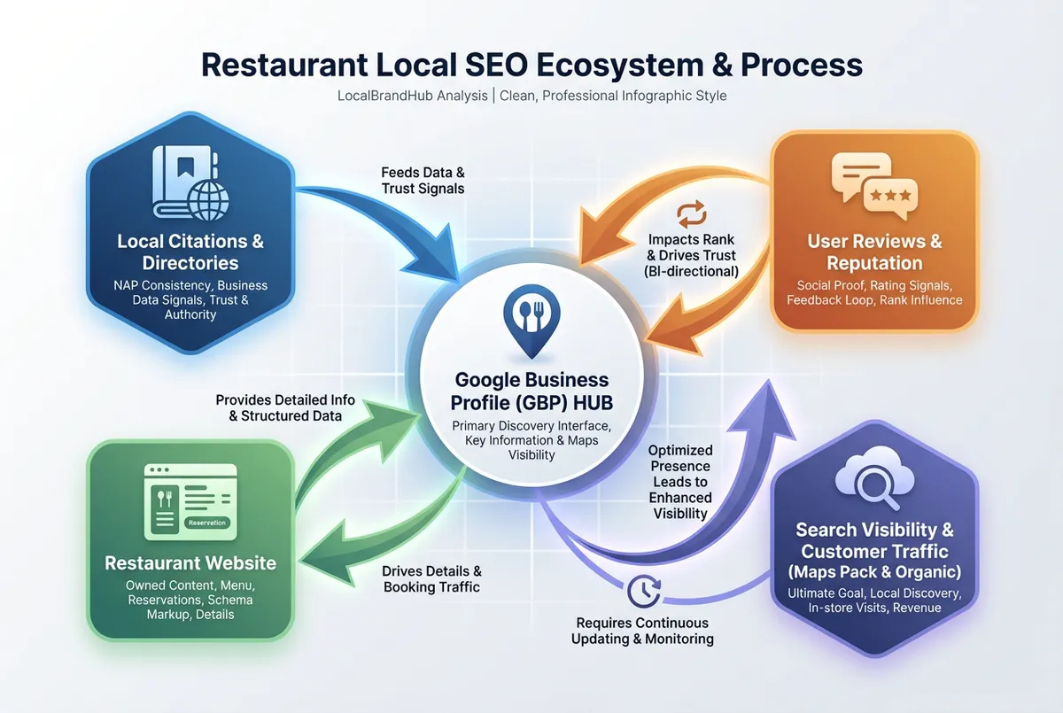 Local SEO process diagram showing GBP, citations, reviews, and website