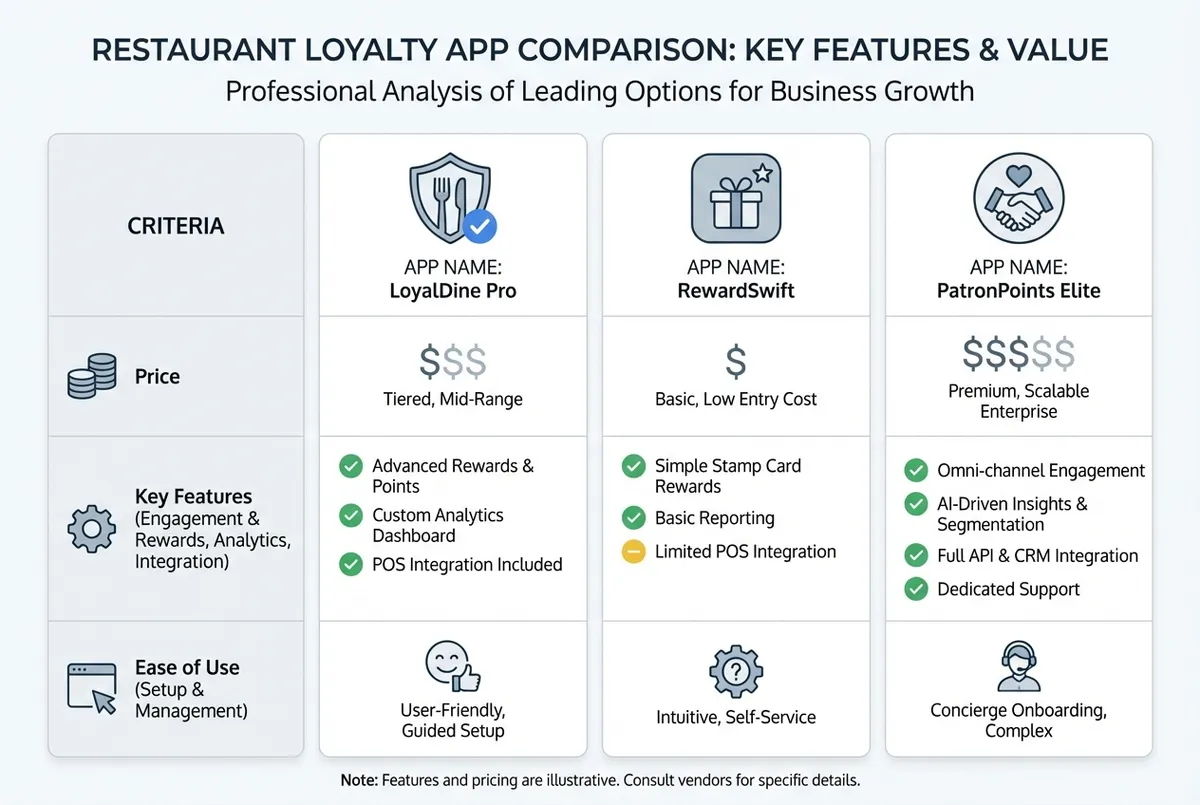 Comparison of UK restaurant loyalty app options showing features and pricing