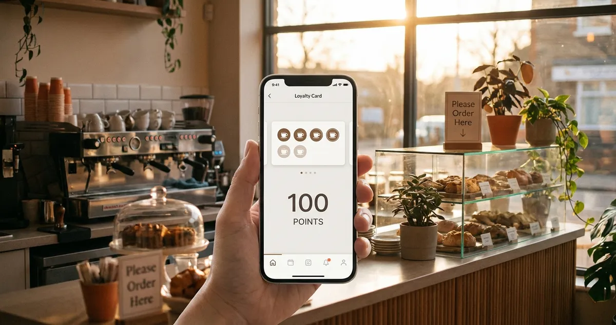 Restaurant owner reviewing loyalty app dashboard on tablet