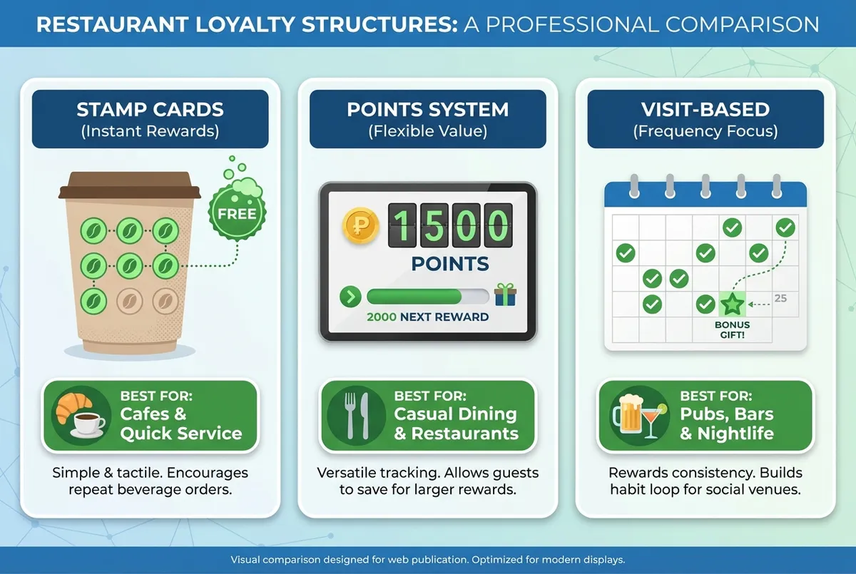Restaurant loyalty offers structures comparison showing stamps, points, and visit-based options